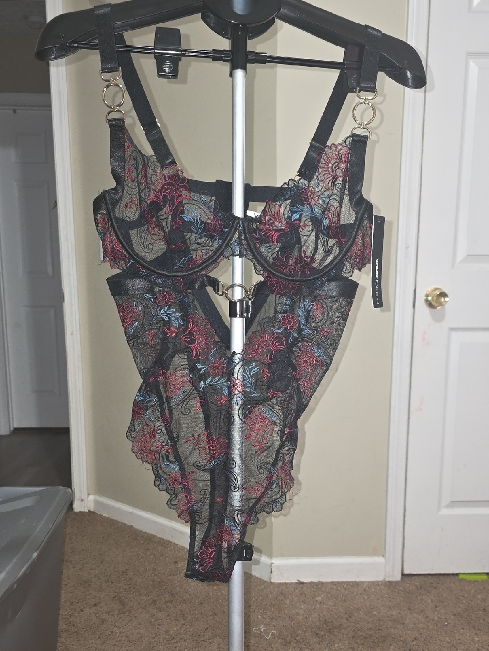 Fashion Nova Sheer Black Chemise with Red & Blue Floral Embroidery